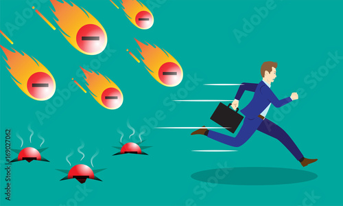 Businessman Running From Negativity Meteors