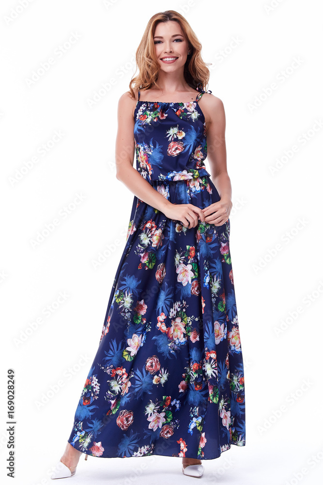 Pretty sexy lady fashion model blond hair wear long silk dress organic catalog of clothes casual style for walk meeting white background beautiful woman summer collection. Pretty sexy lady fashion model blond hair wear long silk dress organic catalog of clothes casual style for walk meeting white background beautiful woman summer collection.