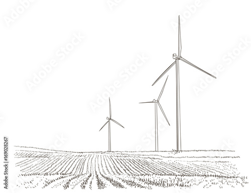 Wind turbines landscape. Vector. 