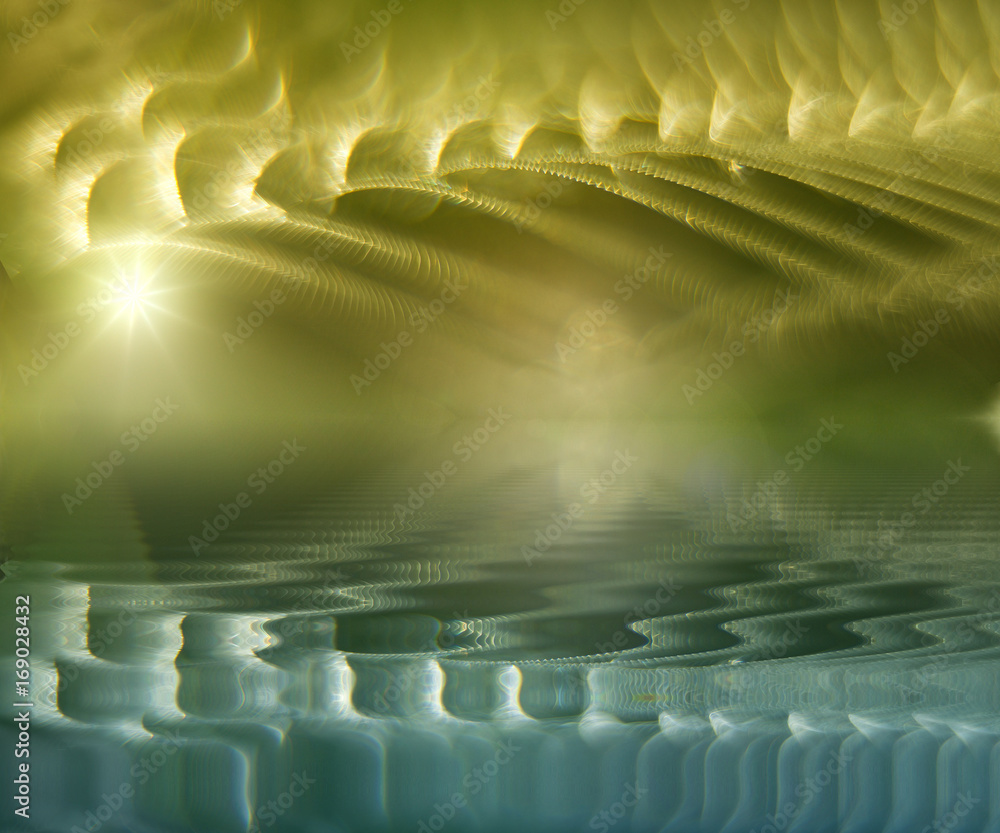 Fototapeta premium Abstraction with reflection of cobwebs covered with morning dew in water