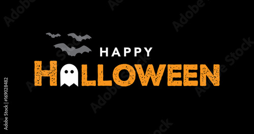 Happy Halloween Typography Over Black with Bats and Ghost. Vector Illustration.