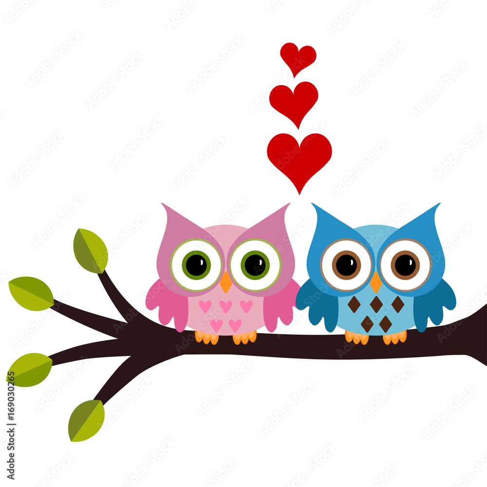 Fototapeta premium owl with hearts a branch