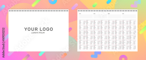 Planner template in landscape orientation. A4 format. Front cover with place for your logo and text. Inside page with calendar for 2018, 2019, 2020 years.