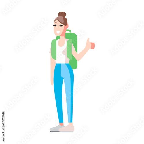 Woman thumbs up hitch-hiking on white background photo