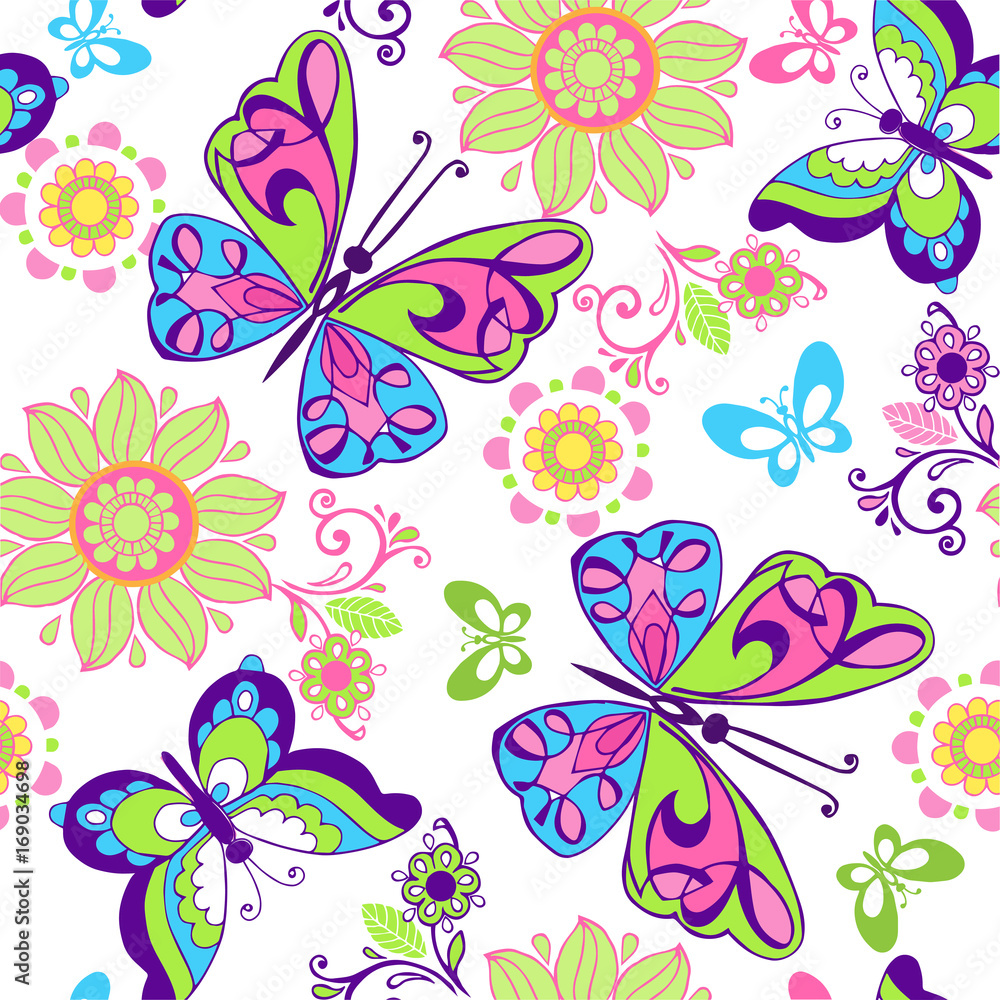 Seamless pattern of bright butterflies and flowers. Decorative ornament backdrop for fabric, textile, wrapping paper