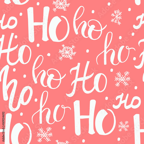 Hohoho pattern, Santa Claus laugh. Seamless texture for Christmas design. Vector red background with handwritten words ho