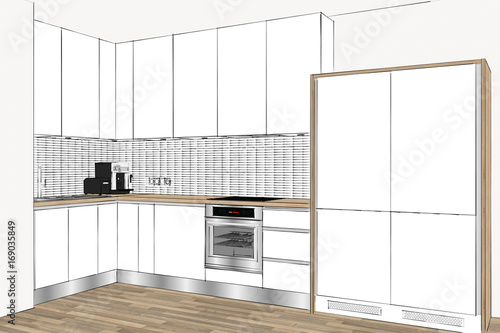 3D rendering. Modern scandinavian style kitchen design in light interior. Kitchen sketch. Home Interior Design Software Programs.