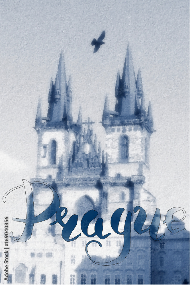 Naklejka premium Prague word. Lettering. Font of The Church of Mother of God in front of Tyn. The Old Town of Prague.