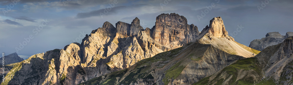 panorama of Dolomites in sunrise time in Italy