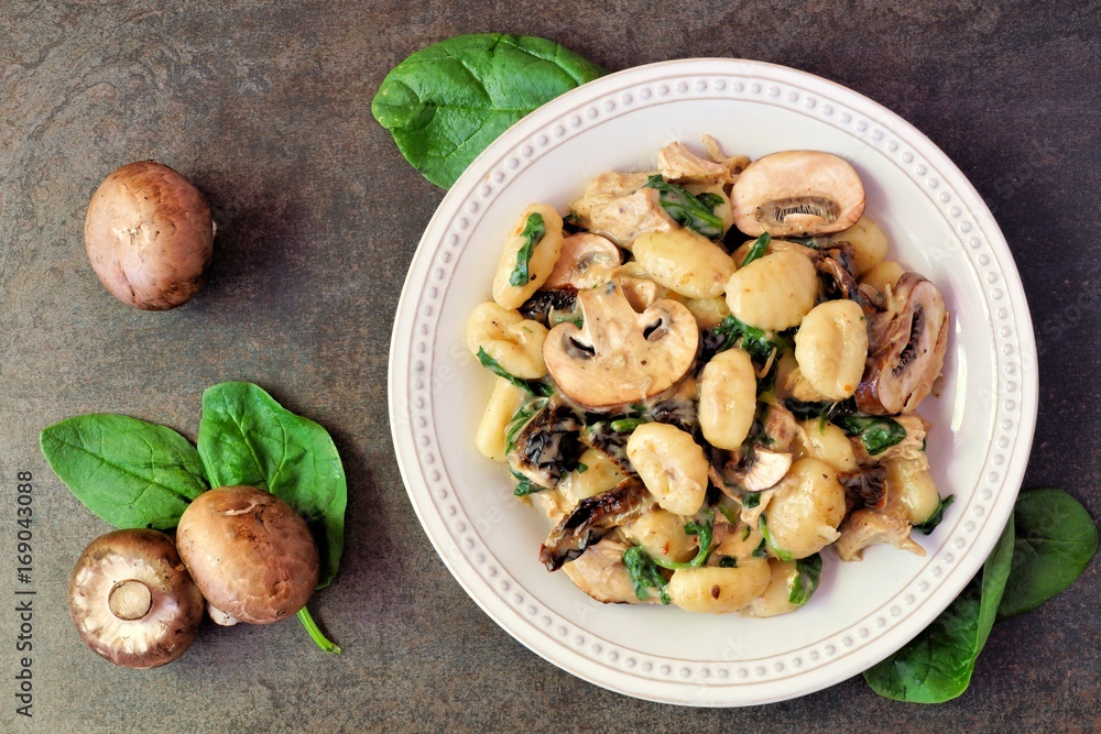 Gnocchi with a mushroom cream sauce, spinach, chicken and sun dried tomatoes, top view on a dark stone background