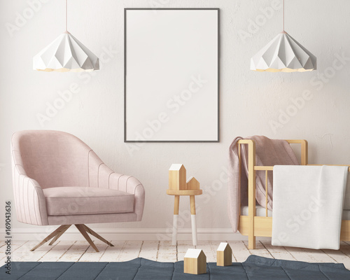 Mock up poster in the children's room. Children's room in Scandinavian style. 3d illustration.