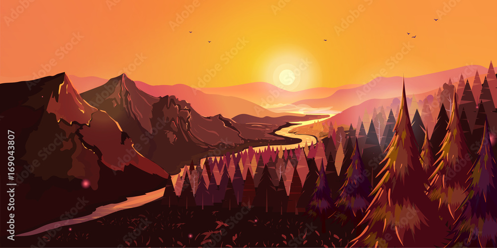 Plakat Wschód słońca w pięknych górach z rzeką i lasem. Ilustracja wektorowa do projektowania