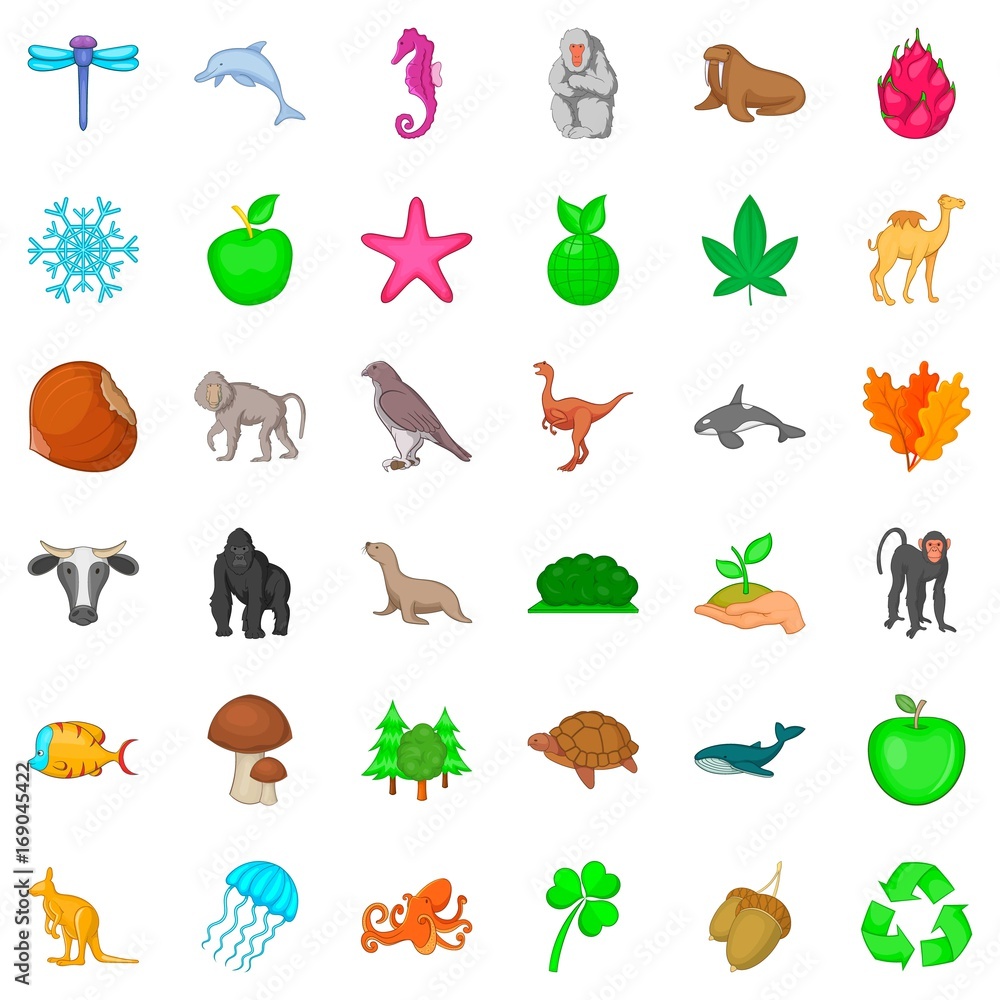 Obraz premium Green plant icons set, cartoon style