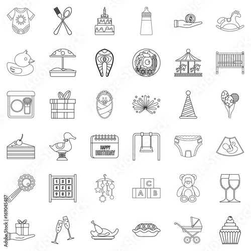 Present icons set, outline style
