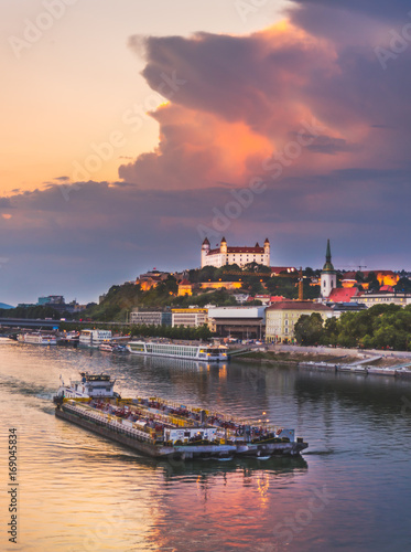 Cityscape of Bratislava, Slovakia at Sunset as Seen from a Bridge over Danube River towards Btatislava Castle