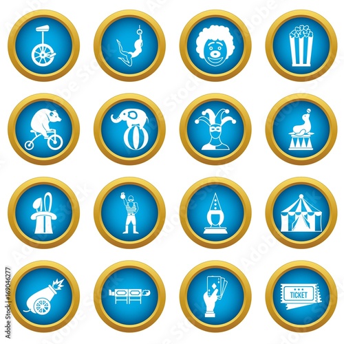Circus entertainment icons blue circle set