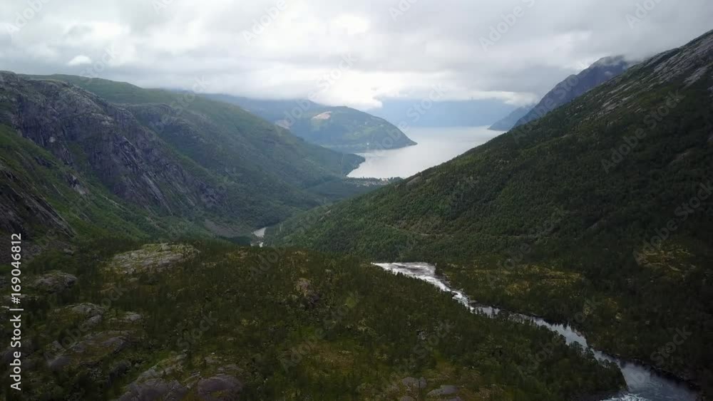 Waterfall in mountains of Norway in rainy weather from air view from drone Waterfall in mountains of Norway in rainy weather from air view from drone