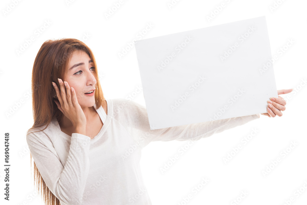 Young Asian woman surprise with white blank sign. Young Asian woman surprise with white blank sign.