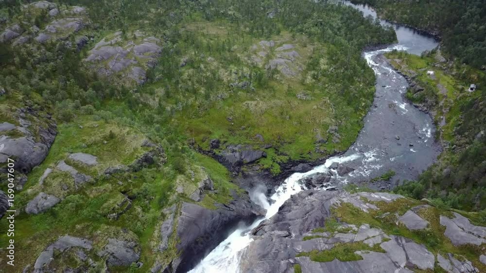 Waterfall in mountains of Norway in rainy weather from air view from drone Waterfall in mountains of Norway in rainy weather from air view from drone