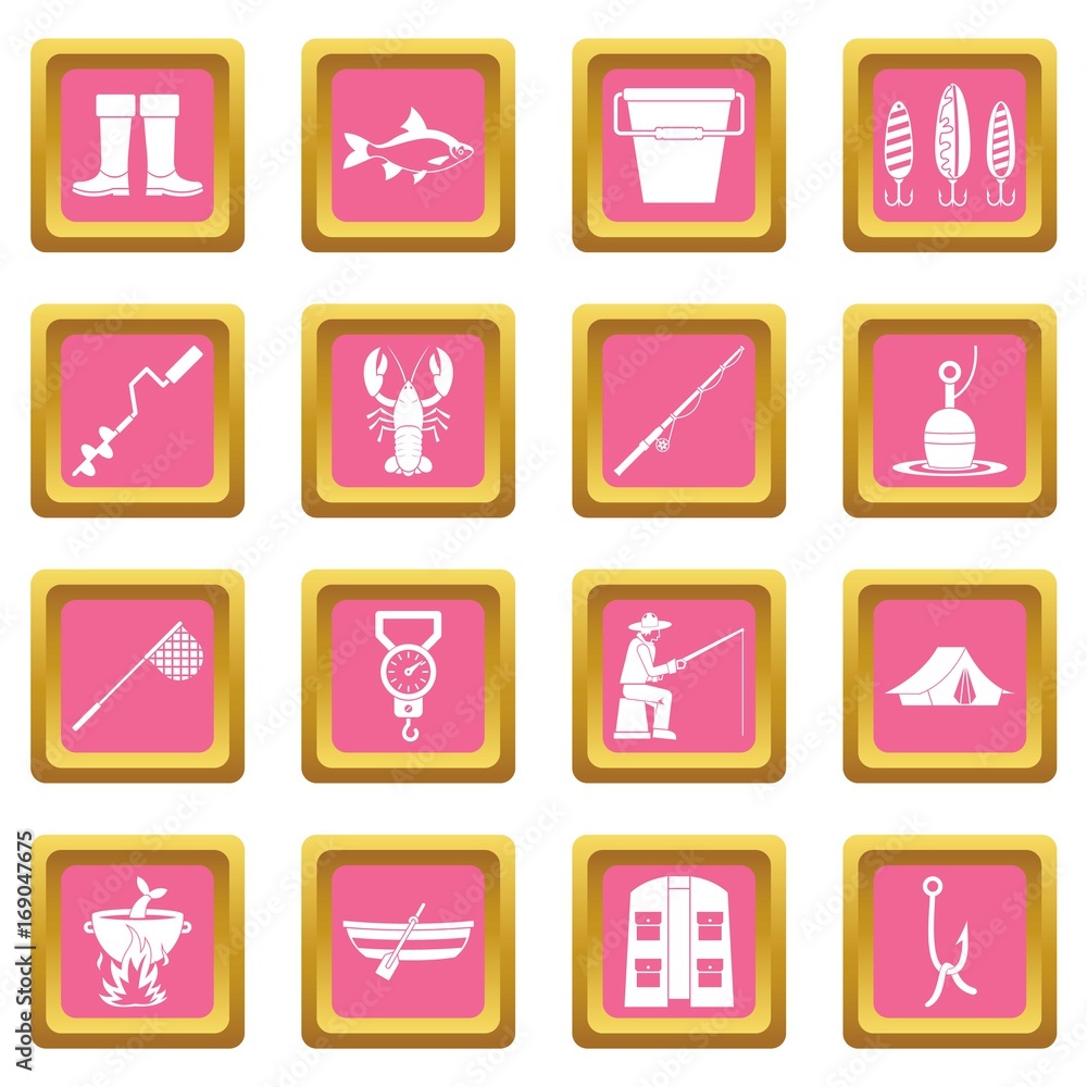 Fishing tools icons pink Fishing tools icons pink