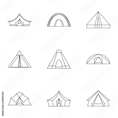 Travel tent form icon set, outline style