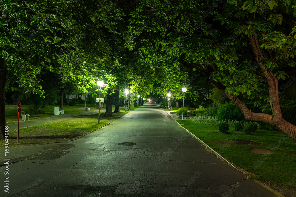 Park with street lights in Piestany (Slovakia) in night with no people around