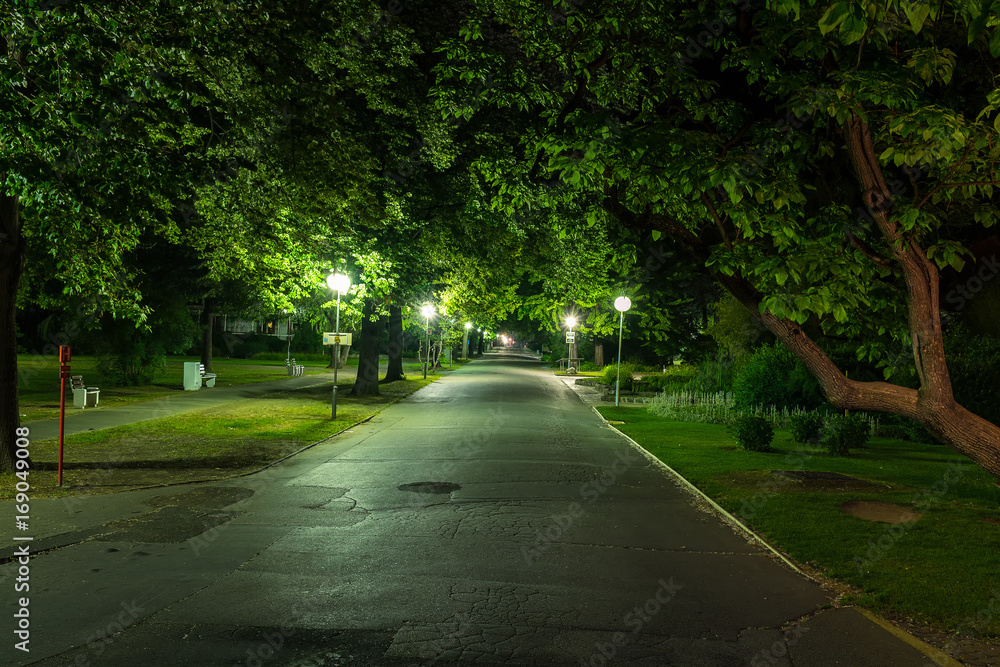 Park with street lights in Piestany (Slovakia) in night with no people around Park with street lights in Piestany (Slovakia) in night with no people around