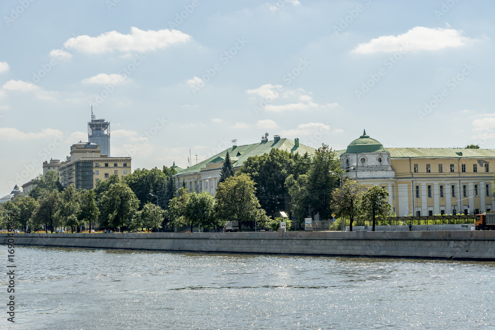 View of riverside of Moscow river and floating passenger boats View of riverside of Moscow river and floating passenger boats
