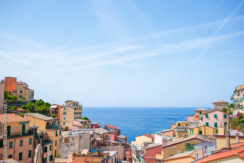 View on architecture of old italian village. Riomaggiore is one of the most popular old village in Cinque Terre, taly