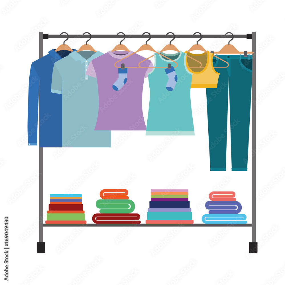 colorful silhouette of clothes rack with tshirts and pants on hangers