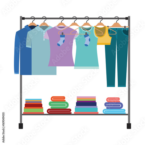 colorful silhouette of clothes rack with t-shirts and pants on hangers and fold clothes on bottom