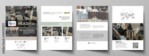 Business templates for brochure, magazine, flyer, report. Cover design template, abstract vector layout in A4 size. Colorful background made of dotted texture for travel business, urban cityscape.