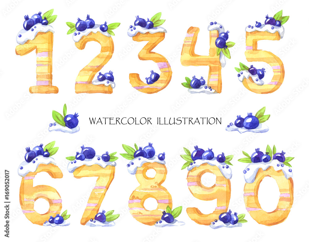 Watercolor illustration of numbers from zero to nine. Sweet tasty mathematical symbols. Set of decorative cake with berries. Baby kit. Watercolor illustration of numbers from zero to nine. Sweet tasty mathematical symbols. Set of decorative cake with berries. Baby kit.