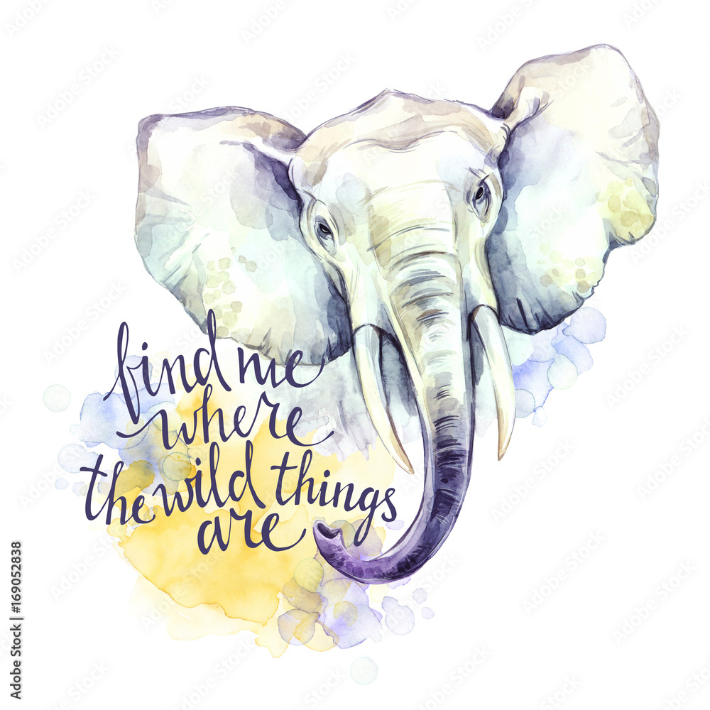 Plakat Akwarela słoń z odręcznym natchnieniem frazy. Afrykańskie zwierzę. Ilustracja sztuki Wildlife. Może być drukowany na koszulkach, torbach, plakatach, zaproszeniach, kartach, etui na telefony.