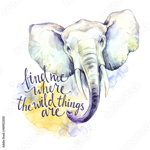 Plakat Akwarela słoń z odręcznym natchnieniem frazy. Afrykańskie zwierzę. Ilustracja sztuki Wildlife. Może być drukowany na koszulkach, torbach, plakatach, zaproszeniach, kartach, etui na telefony.