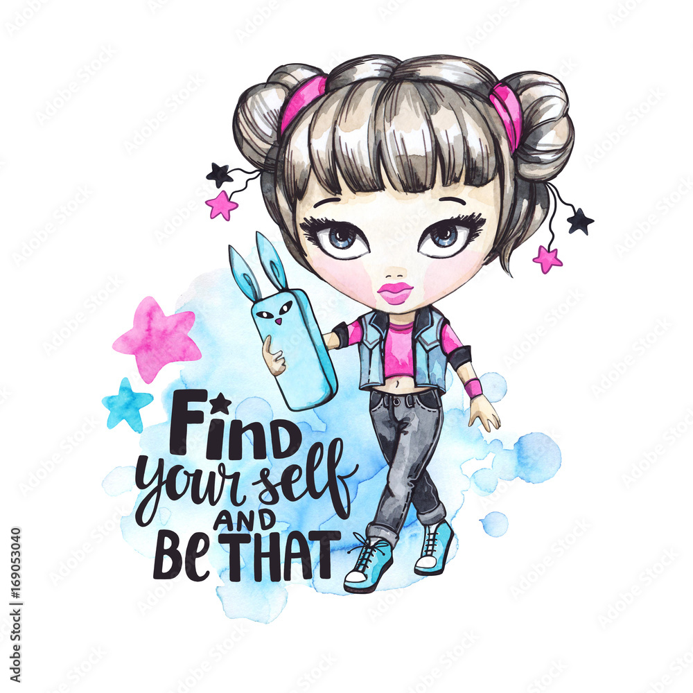 Summer illustration. Watercolor card fashion girl with phone. Calligraphy inspirational text. Teenagers. Have fun. Summer illustration. Watercolor card fashion girl with phone. Calligraphy inspirational text. Teenagers. Have fun.