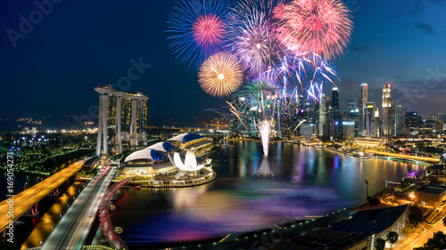 Aerial view of Fireworks celebration over Marina bay in Singapore. New year day 2018 or National day celebration at Singapore. Asia photo