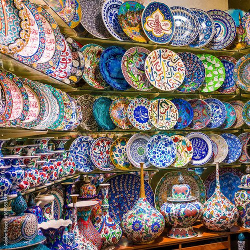 Turkish ceramics on sale at the Grand Bazaar in Istanbul, Turkey. Traditional Turkish ceramics