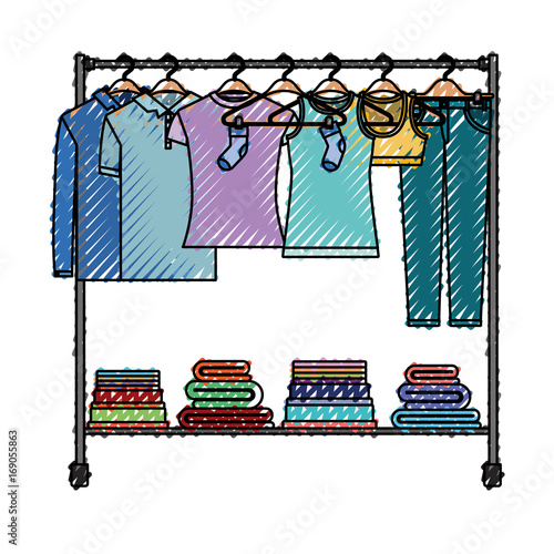 colored crayon silhouette of clothes rack with t-shirts and pants on hangers and fold clothes on bottom