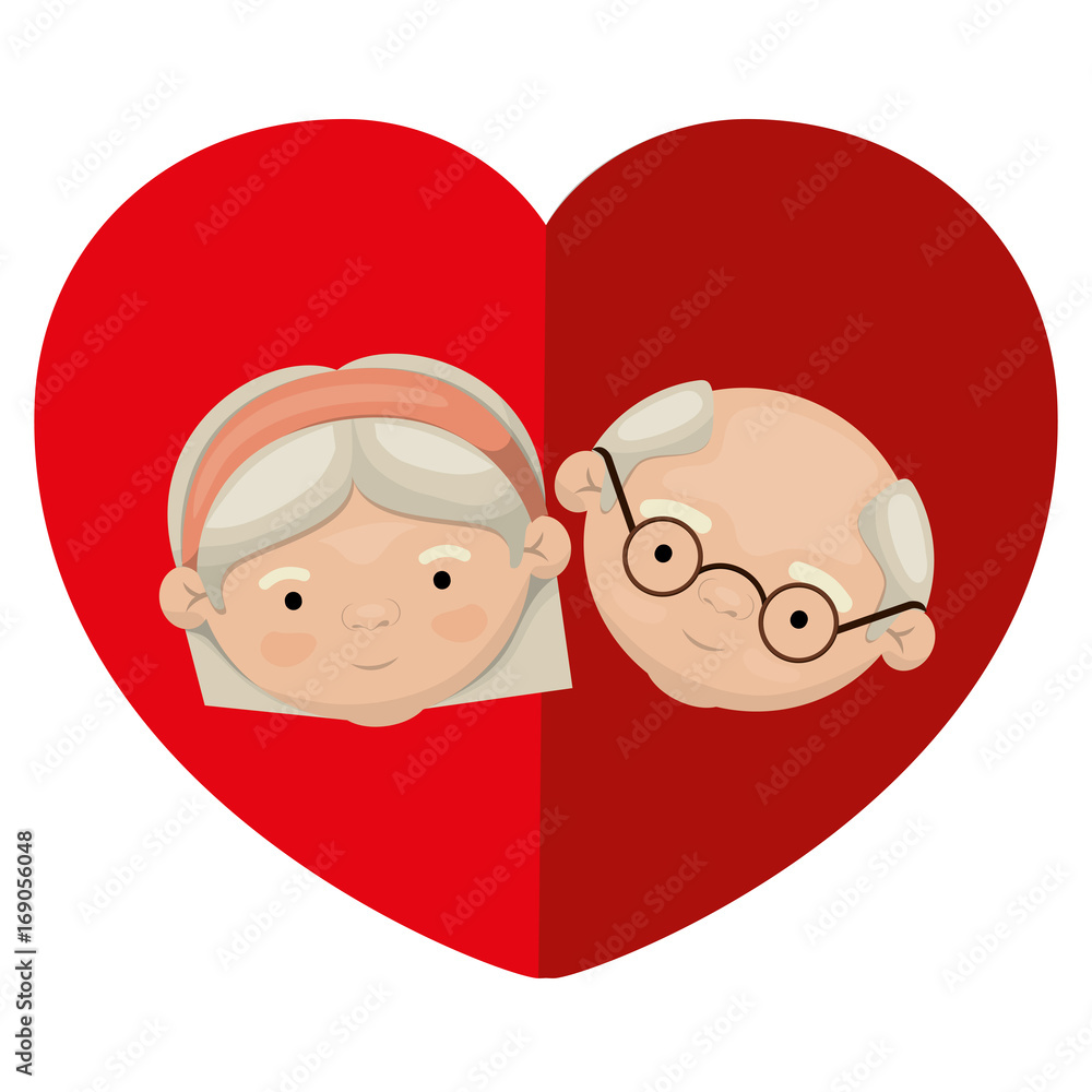 white background of colorful heart shape greeting card with caricature face of grandfather with glasses and grandmother with bow lace and short hair white background of colorful heart shape greeting card with caricature face of grandfather with glasses and grandmother with bow lace and short hair