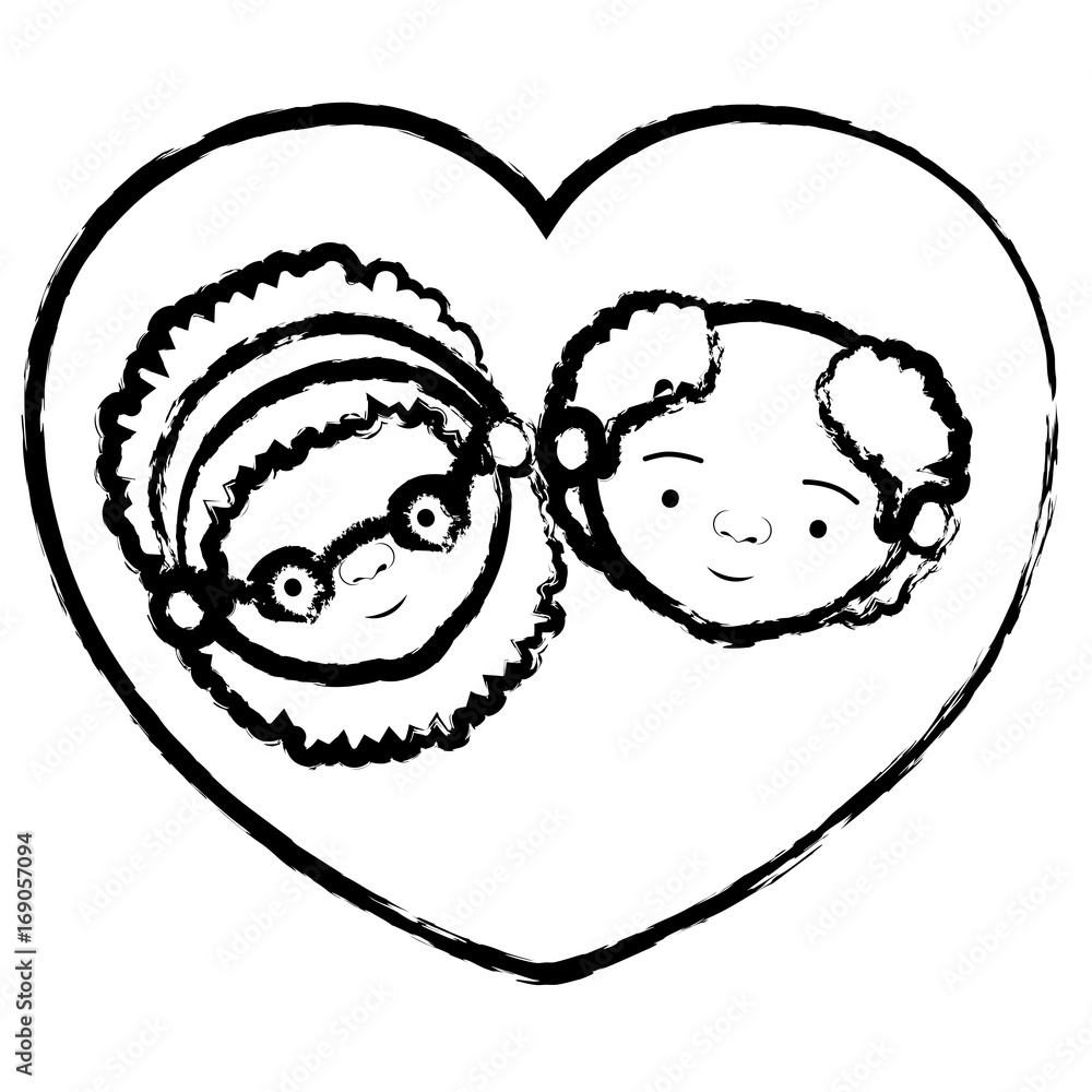 blurred thick contour of heart shape greeting card with caricature face of grandmother with curly hair and bald grandfather blurred thick contour of heart shape greeting card with caricature face of grandmother with curly hair and bald grandfather