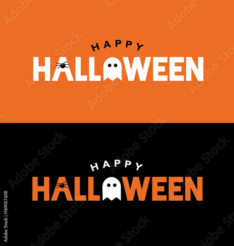 Happy Halloween Typography Over Orange and Black with Spider and Ghost. Vector Illustration.
