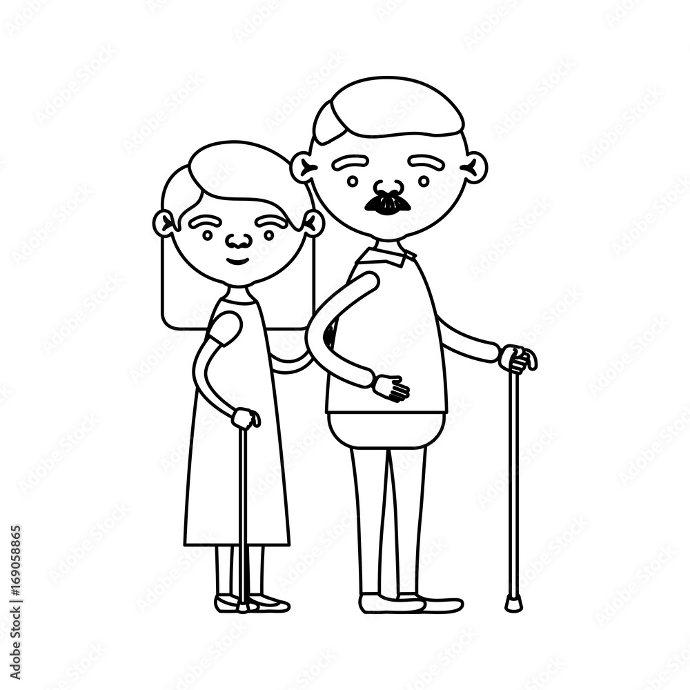 sketch silhouette full body couple elderly in walking stick of grandmother with straight medium hair in dress and grandfather with moustache sketch silhouette full body couple elderly in walking stick of grandmother with straight medium hair in dress and grandfather with moustache