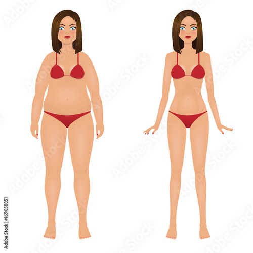 Fat and slim woman in red bikini. Girl before and after weight loss. Isolated vector illustration. photo