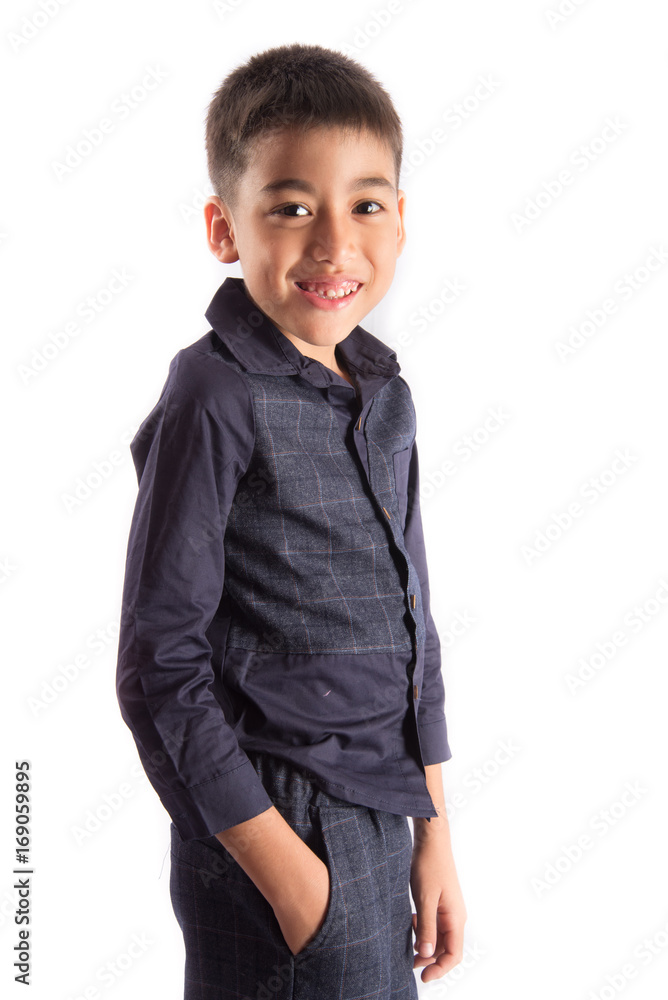 Children fashion, little boy on nice blue shirt on white background Children fashion, little boy on nice blue shirt on white background