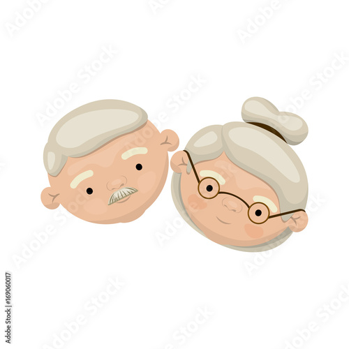 colorful face of elderly couple grandfather with moustache and grandmother with glasses and bun hairstyle