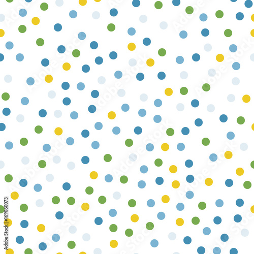 Colorful polka dots seamless pattern on white 12 background. Pleasing classic colorful polka dots textile pattern. Seamless scattered confetti fall chaotic decor. Abstract vector illustration.
