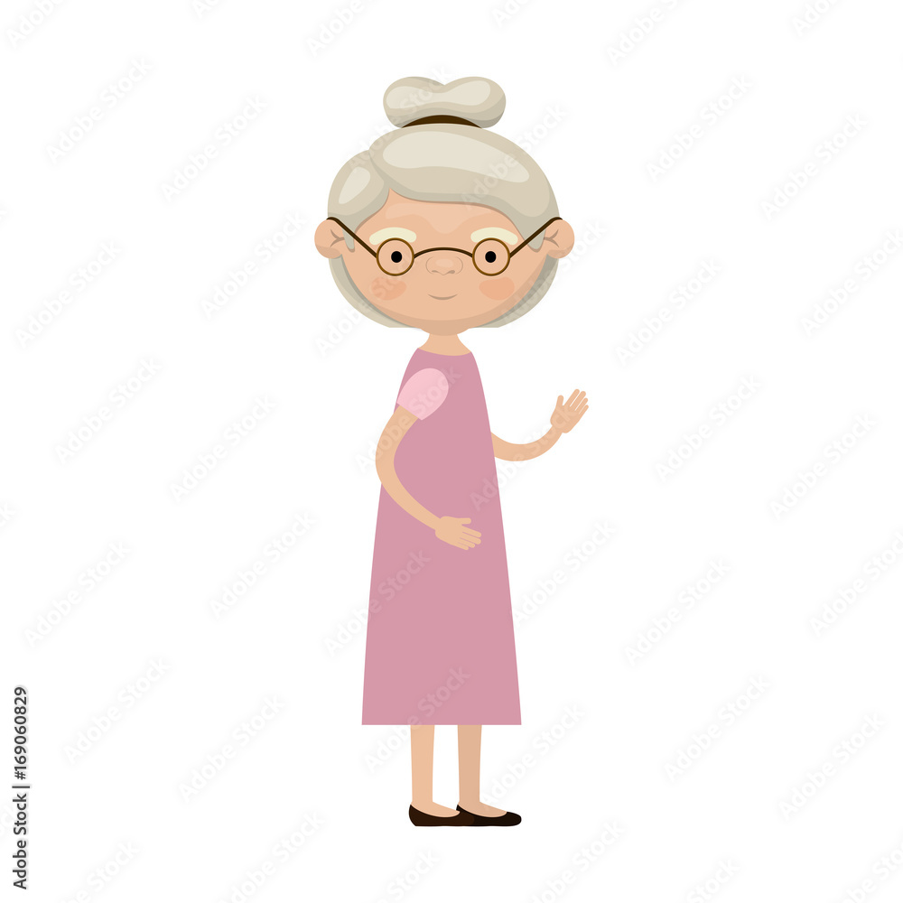 colorful full body elderly woman in dress with collected hairstyle and glasses colorful full body elderly woman in dress with collected hairstyle and glasses