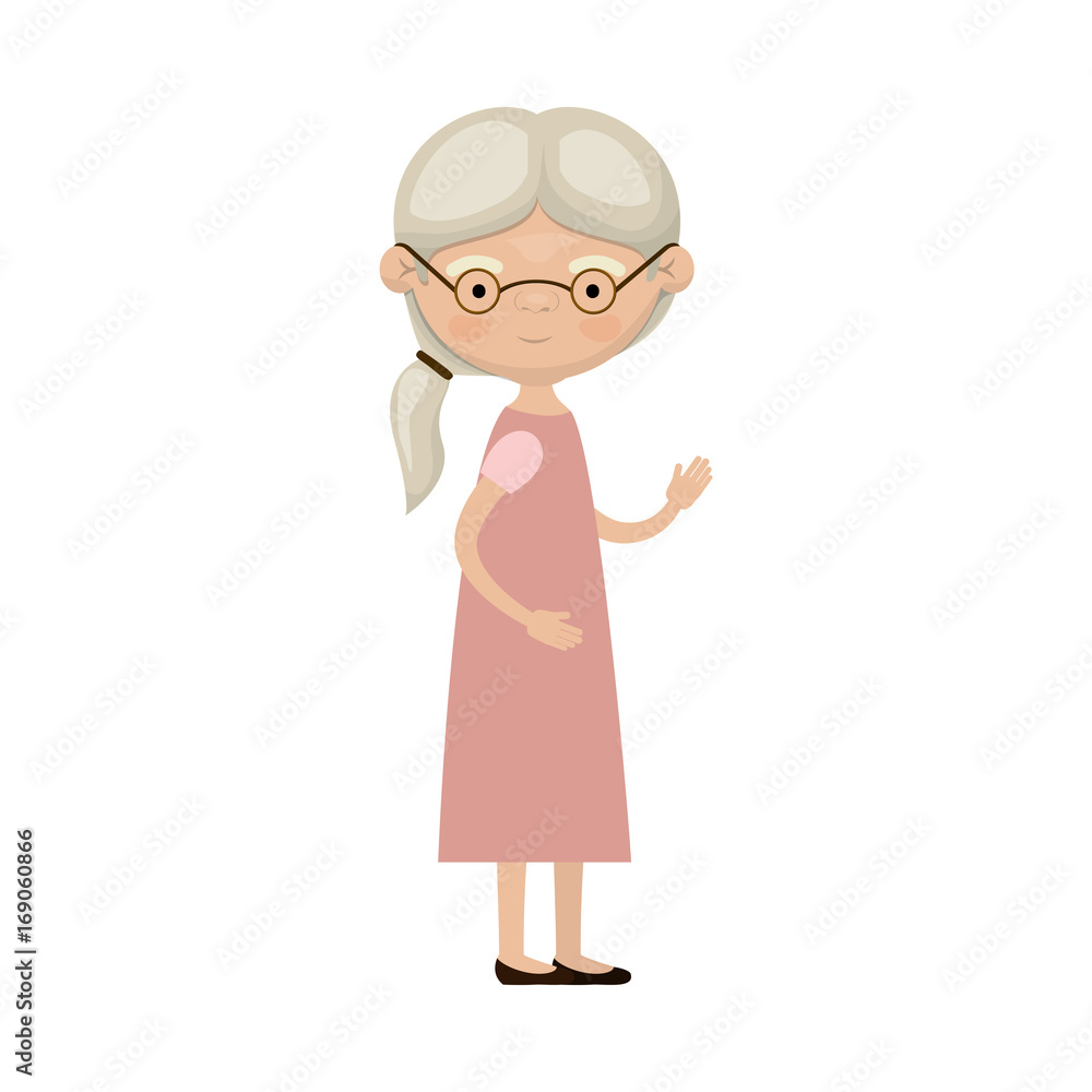colorful full body elderly woman in dress with side ponytail hairstyle and glasses colorful full body elderly woman in dress with side ponytail hairstyle and glasses