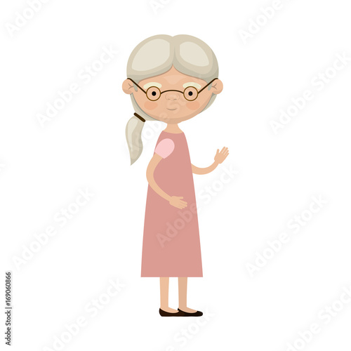 colorful full body elderly woman in dress with side ponytail hairstyle and glasses